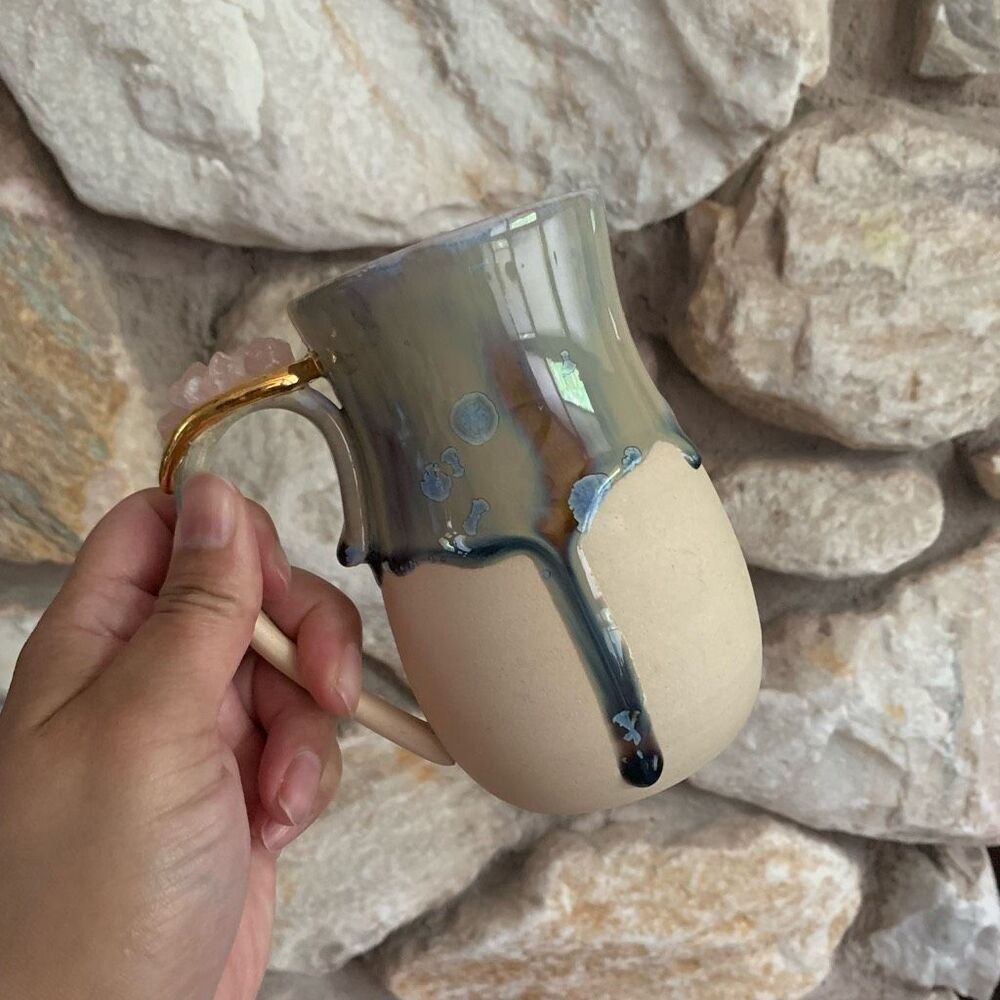 Handmade ceramic mug with gold accent and rose quarts accents